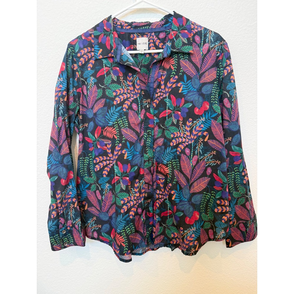 Nic+Zoe Womens Tropical Botanical Print Button Down Shirt Long Sleeve Blouse